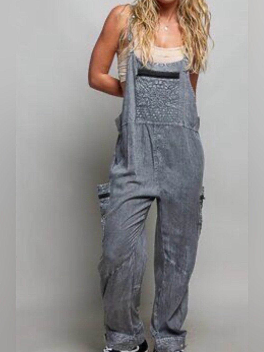 POL-Floral Embossed Pockets-Slouchy Jumpsuit Overalls-L-Boho